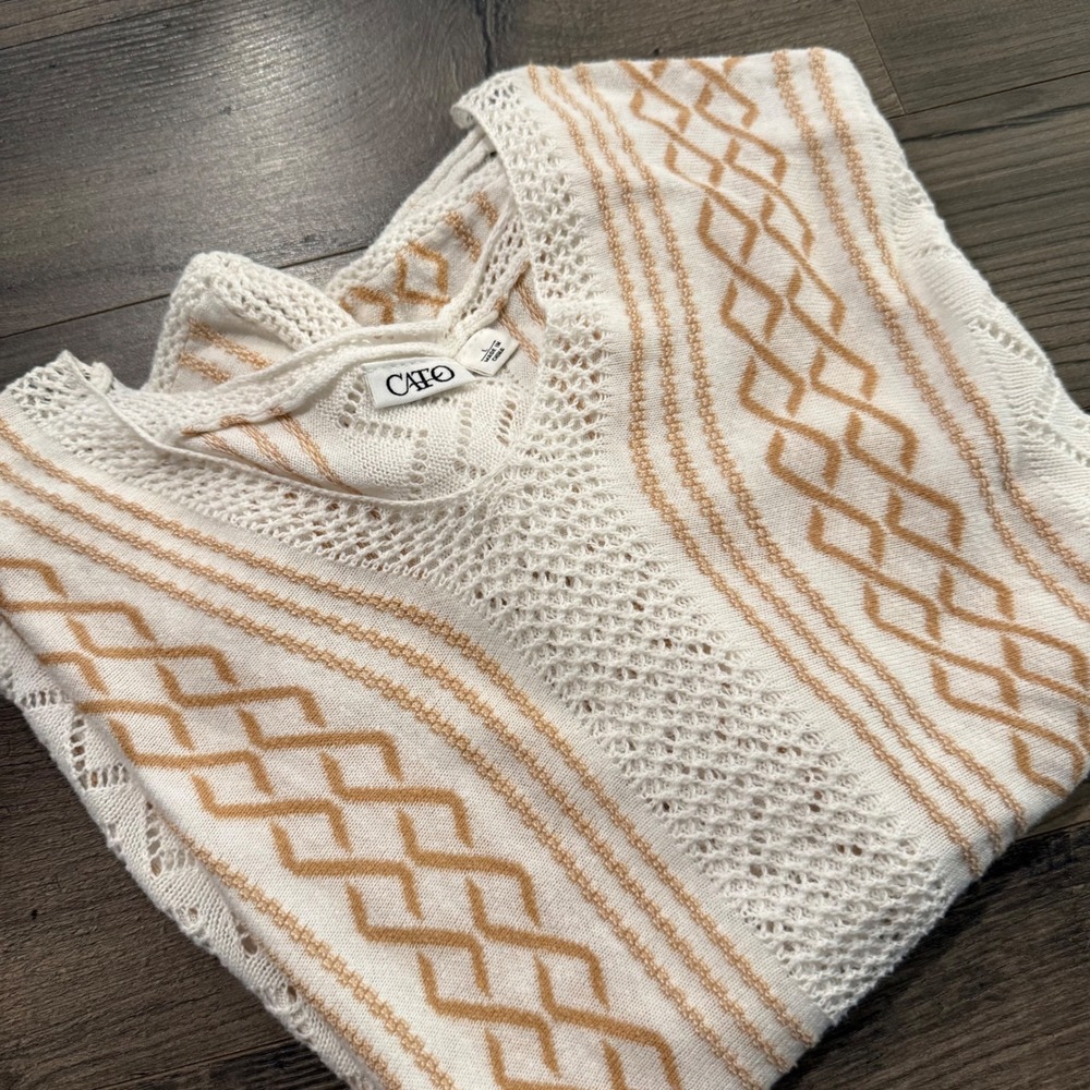 Cato‎ Womens Large White Tan Knit Poncho V-Neck Pointelle Oversized Sweater Top